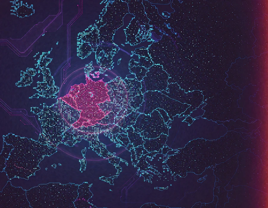 Punktowa mapa Europy z podświetlonym regionem i falami geoblokady - dostępność kasyna Thrill w Polsce wymaga sprawdzenia
