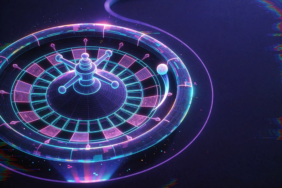 Neonowe koło ruletki w siatce linii - Thrill Live Casino i game shows z krupierami na żywo