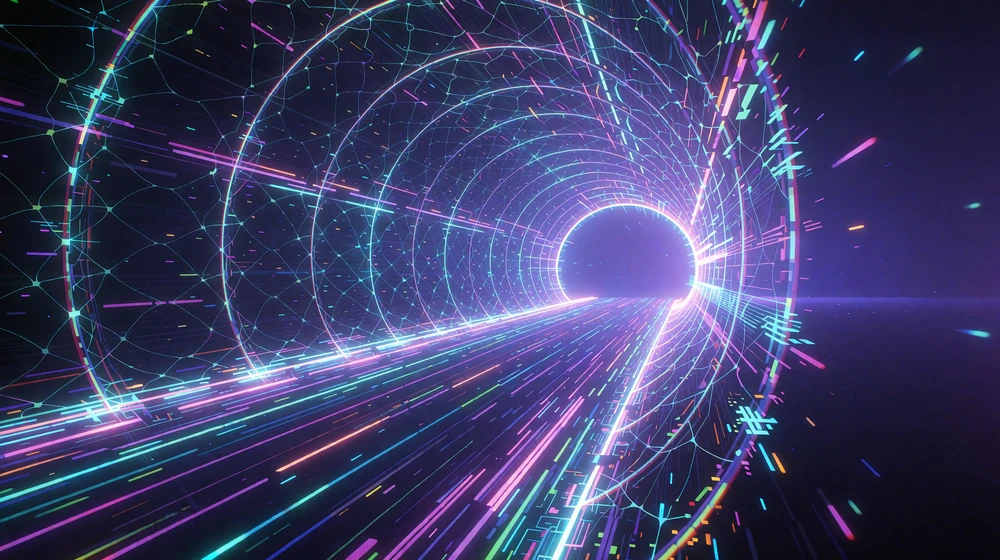 Neonowy tunel z pierścieni światła i pasami cyjanu oraz magenty prowadzącymi do bramy mety - Daily Race i Weekly Race w Thrill Casino